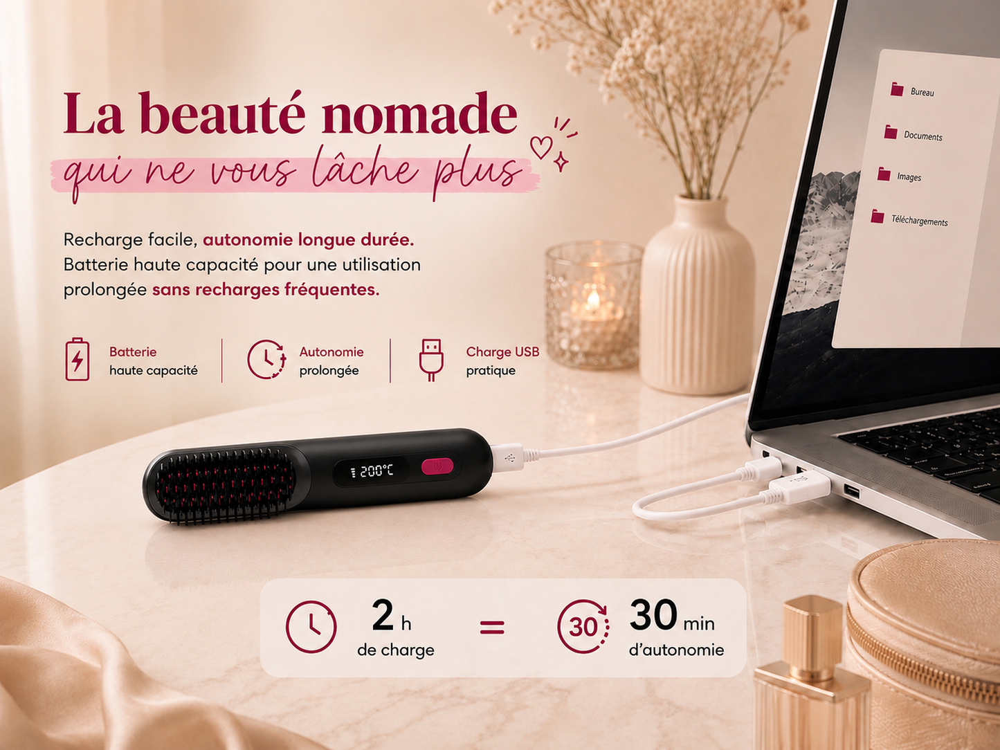 Brosse Lissante Sans Fil – Compacte & Puissante avec Ecran LCD