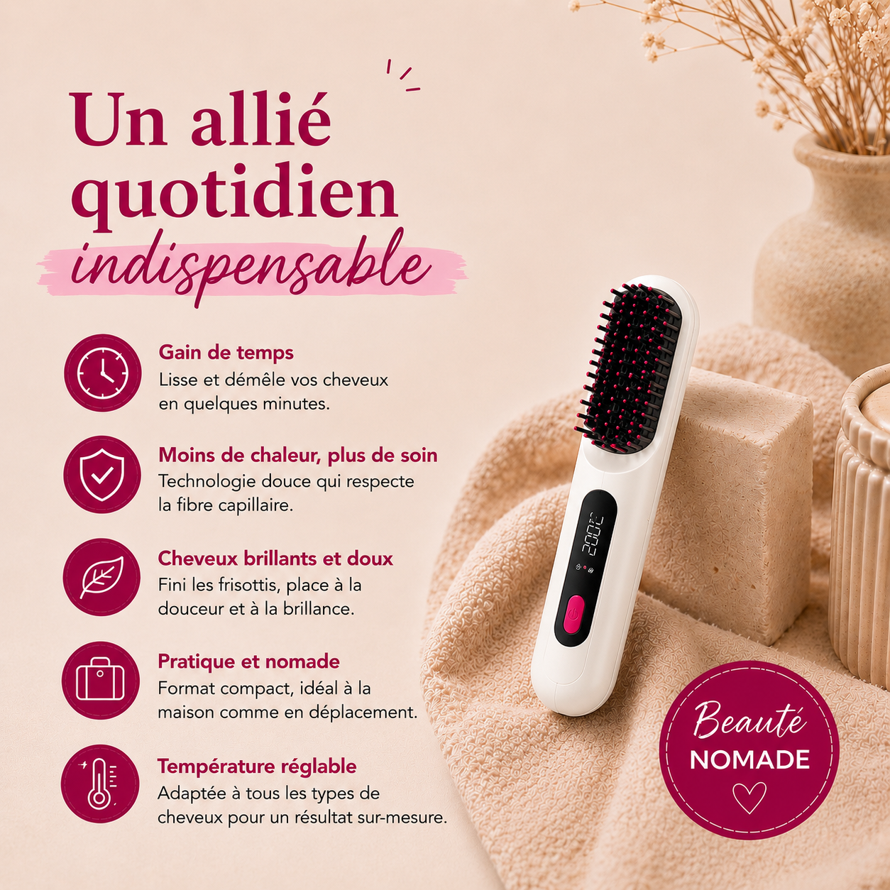 Brosse Lissante Sans Fil – Compacte & Puissante avec Ecran LCD