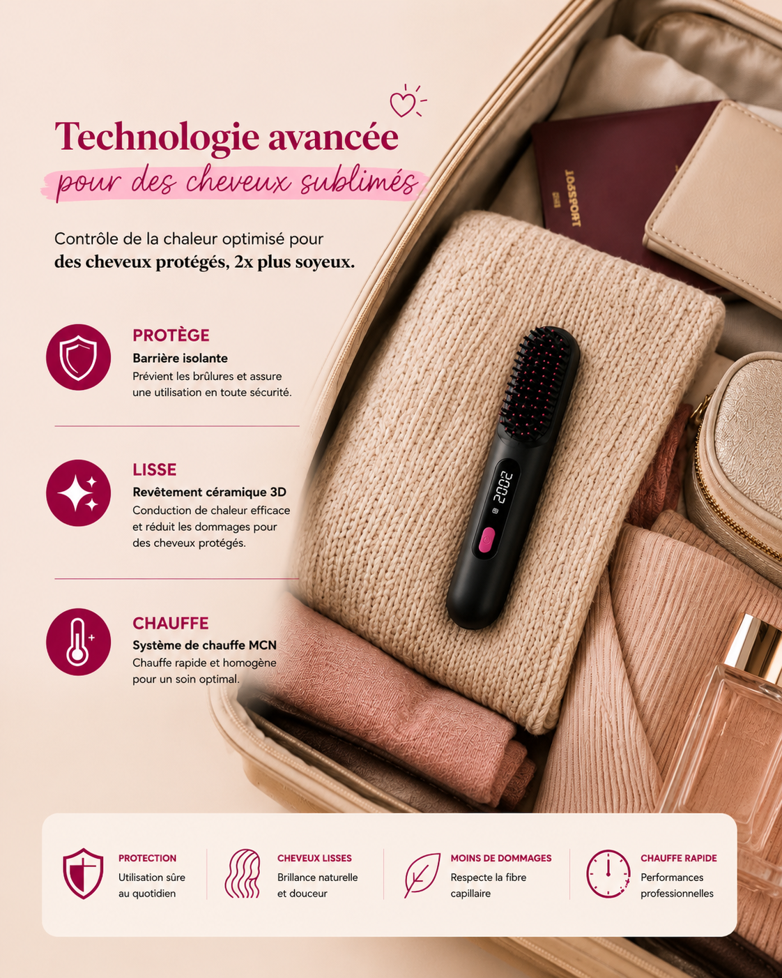 Brosse Lissante Sans Fil – Compacte & Puissante avec Ecran LCD