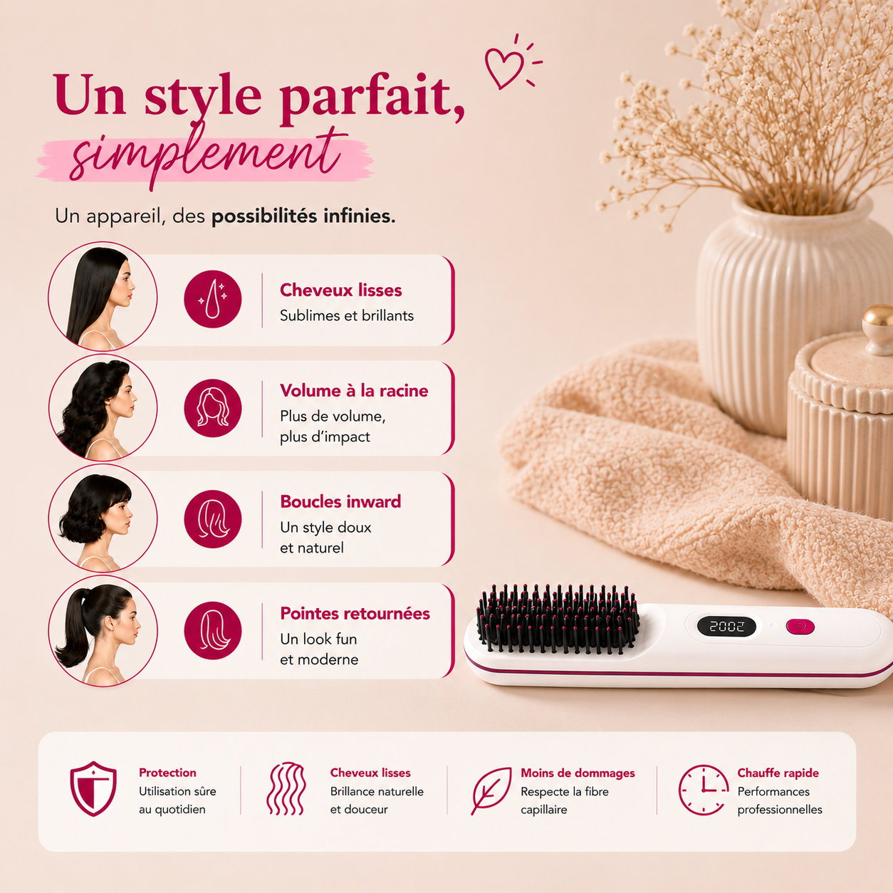 Brosse Lissante Sans Fil – Compacte & Puissante avec Ecran LCD